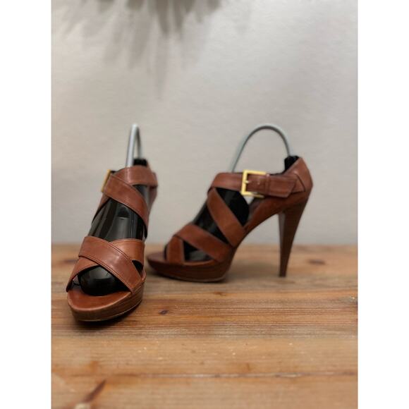 Max Studio Sandals Stiletto Platform Brown Leather Cross Strap Open Toe - Picture 5 of 10